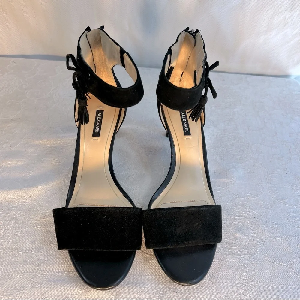 Alex Marie Shoes Black Suede Ankle Strap W/Tassels Zipper Heel 3 3/4” Heels 9.5